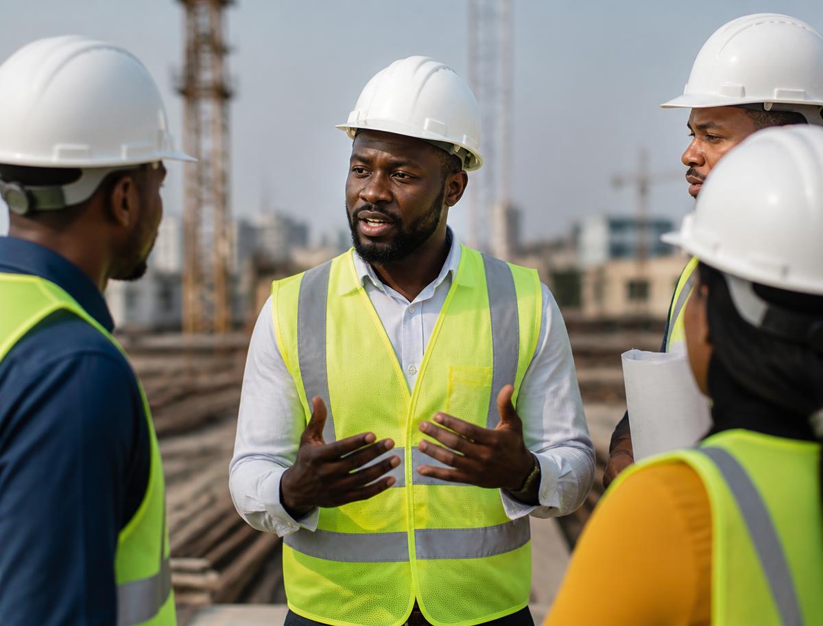 Équipe professionnelle de SIMBA GLOBAL en réunion sur site